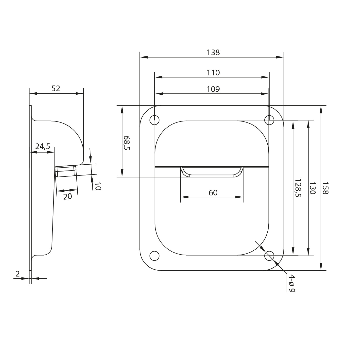Opritor  pentru porti batante – 158x138 mm , H=50 mm