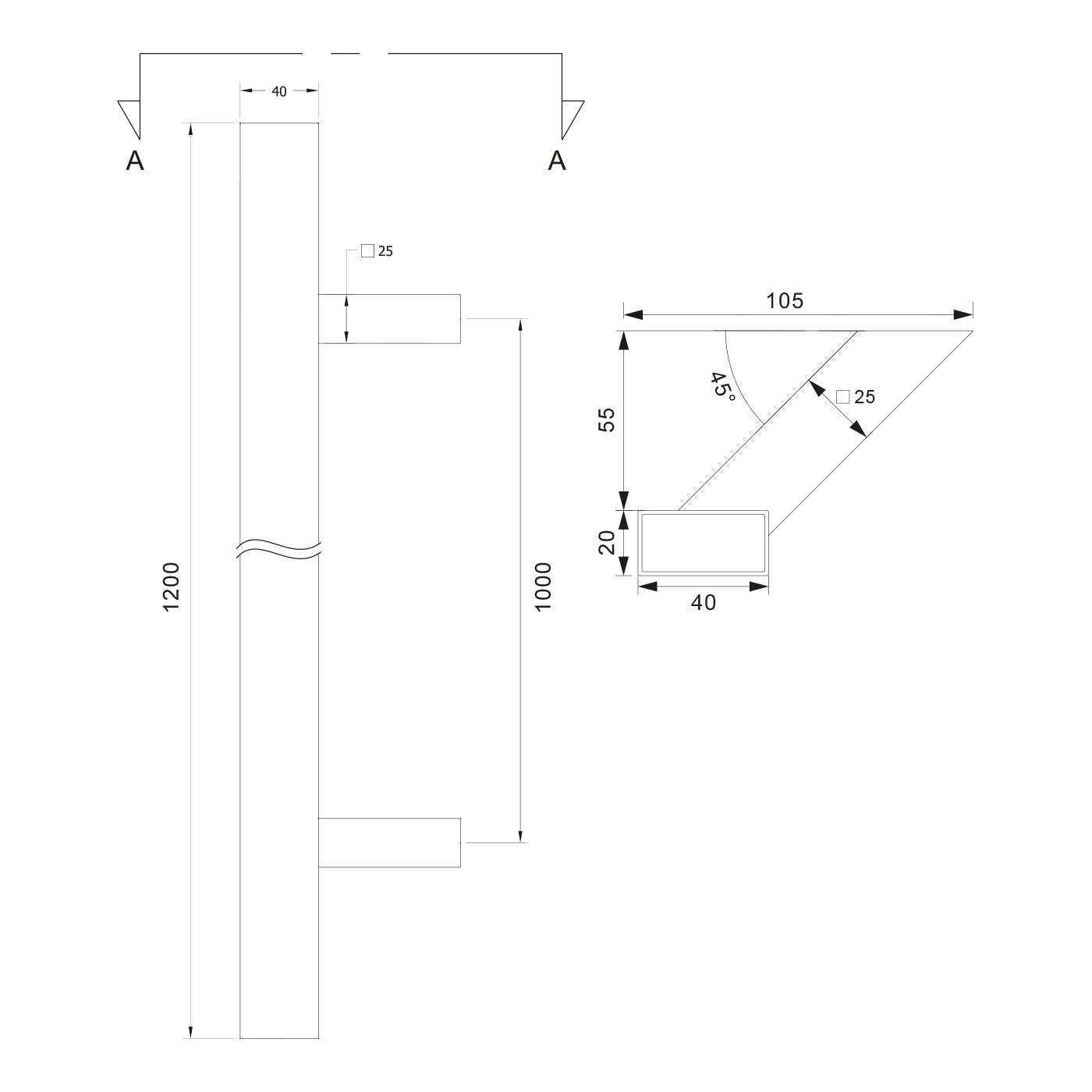 Set maner inox, 45 grade, dreptunghiular 20x40 , L=1200 mm, satinat